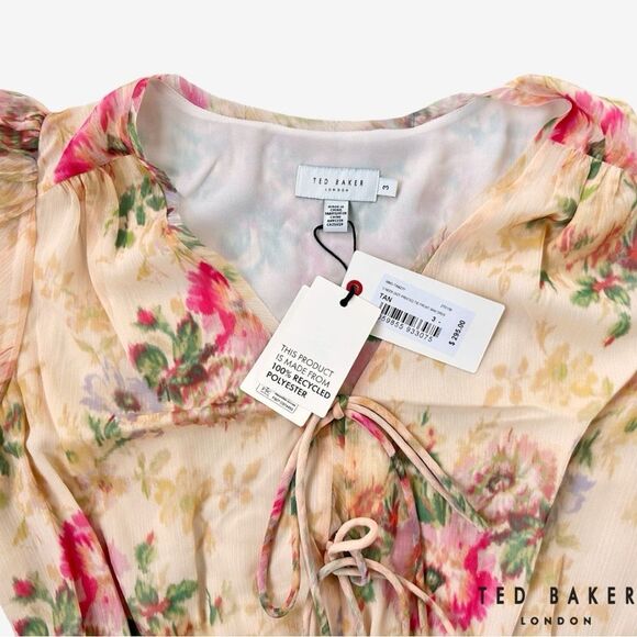 Ted Baker **NWT** Tamziiy Floral Print Tie Front Mini Dress, Tan - Picture 3 of 12